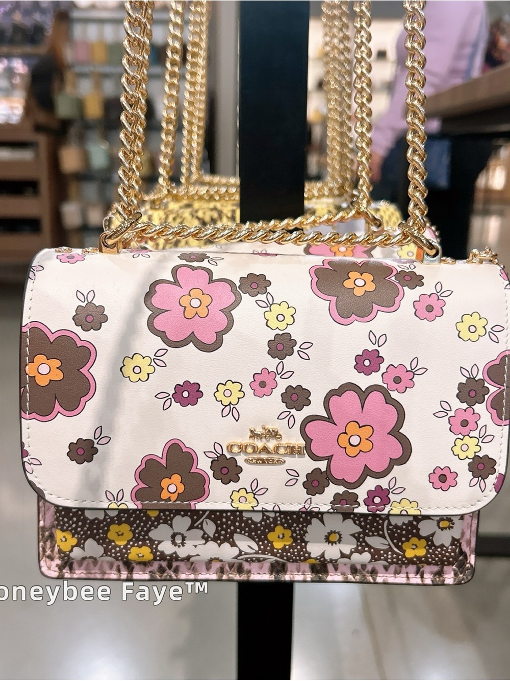 Coach mini klare Pink Brown Cream Floral Chain Crossbody Bag